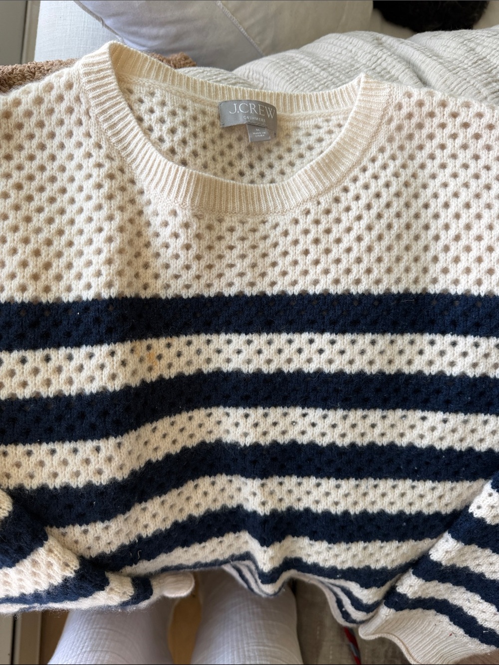 J. Crew Cream and Navy Striped Open-Knit Crew Sweater